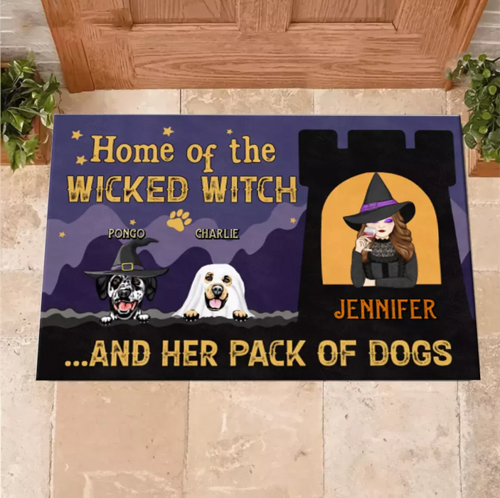 Personalized Witch Dog Doormat - Halloween Gift Idea For Family/Dog Lover - Up to 7 Dogs - Home Of The Wicked Witch And Her Pack Of Dogs