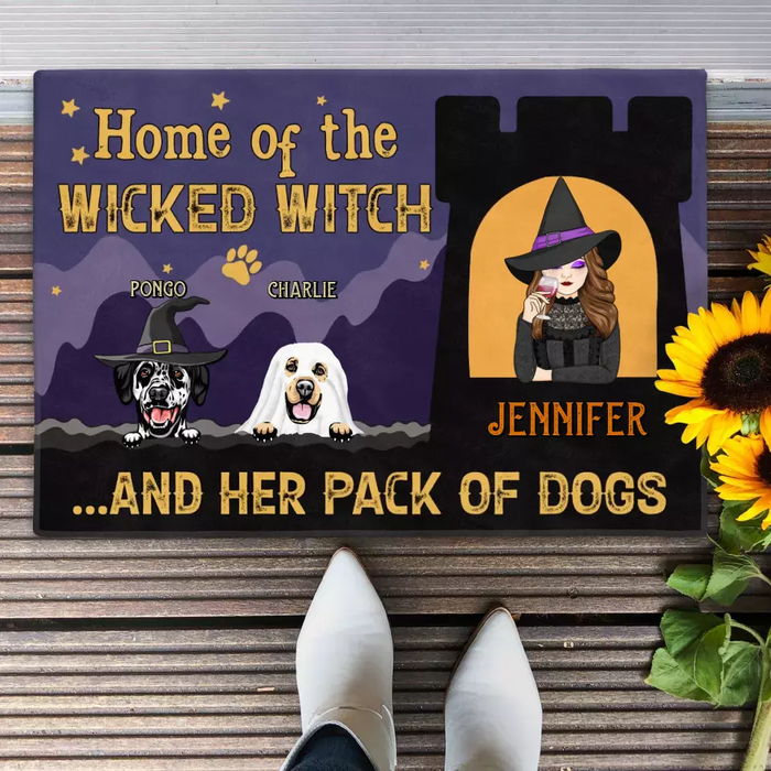 Personalized Witch Dog Doormat - Halloween Gift Idea For Family/Dog Lover - Up to 7 Dogs - Home Of The Wicked Witch And Her Pack Of Dogs