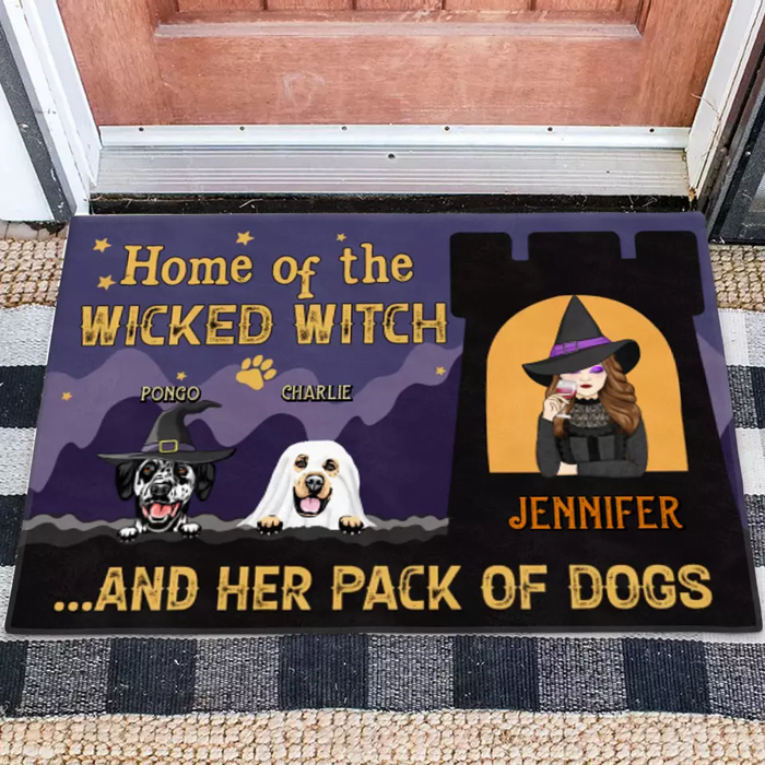 Personalized Witch Dog Doormat - Halloween Gift Idea For Family/Dog Lover - Up to 7 Dogs - Home Of The Wicked Witch And Her Pack Of Dogs