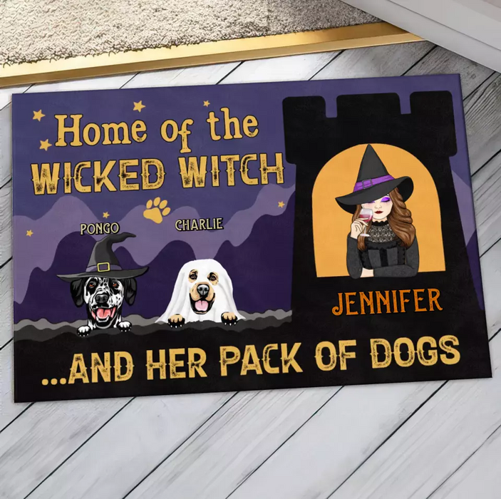 Personalized Witch Dog Doormat - Halloween Gift Idea For Family/Dog Lover - Up to 7 Dogs - Home Of The Wicked Witch And Her Pack Of Dogs