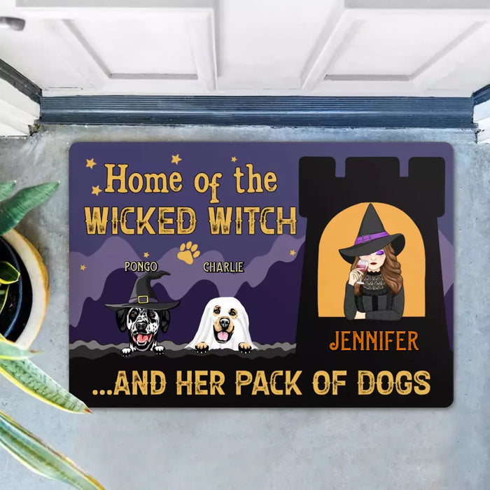 Personalized Witch Dog Doormat - Halloween Gift Idea For Family/Dog Lover - Up to 7 Dogs - Home Of The Wicked Witch And Her Pack Of Dogs