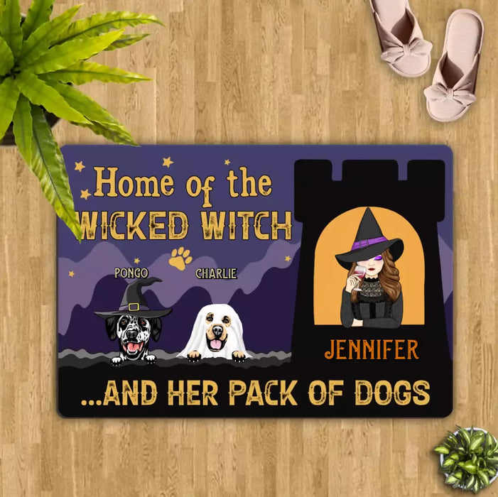 Personalized Witch Dog Doormat - Halloween Gift Idea For Family/Dog Lover - Up to 7 Dogs - Home Of The Wicked Witch And Her Pack Of Dogs