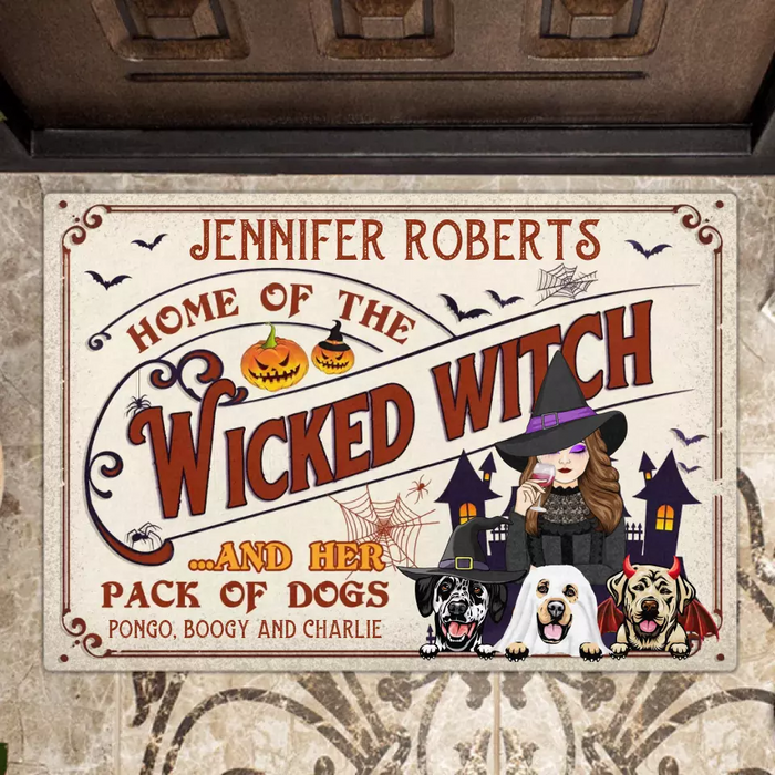 Personalized Witch Dog Doormat - Halloween Gift Idea For Witch/Dog Lovers With Up To 3 Dogs - Home Of The Wicked Witch And Her Pack Of Dogs