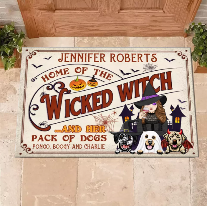 Personalized Witch Dog Doormat - Halloween Gift Idea For Witch/Dog Lovers With Up To 3 Dogs - Home Of The Wicked Witch And Her Pack Of Dogs