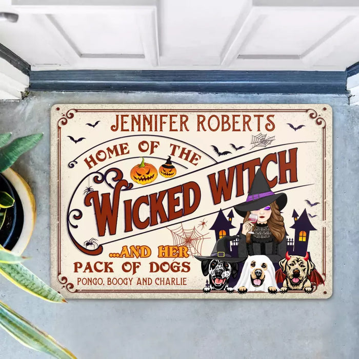 Personalized Witch Dog Doormat - Halloween Gift Idea For Witch/Dog Lovers With Up To 3 Dogs - Home Of The Wicked Witch And Her Pack Of Dogs