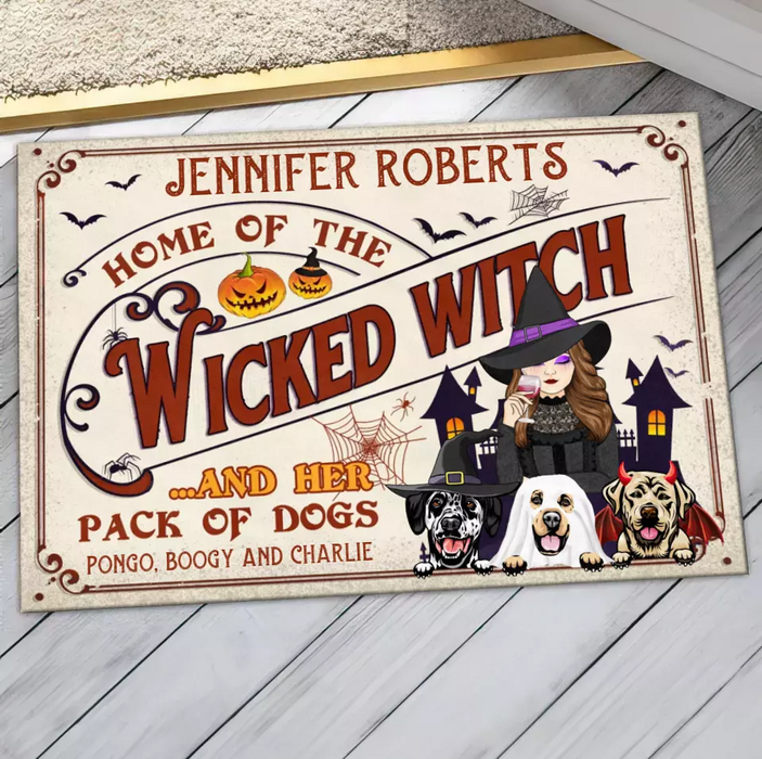 Personalized Witch Dog Doormat - Halloween Gift Idea For Witch/Dog Lovers With Up To 3 Dogs - Home Of The Wicked Witch And Her Pack Of Dogs