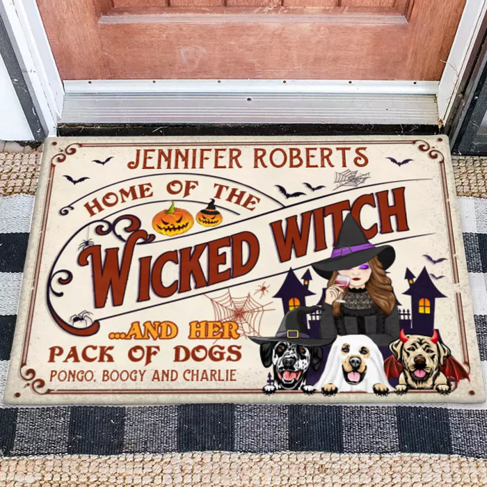 Personalized Witch Dog Doormat - Halloween Gift Idea For Witch/Dog Lovers With Up To 3 Dogs - Home Of The Wicked Witch And Her Pack Of Dogs