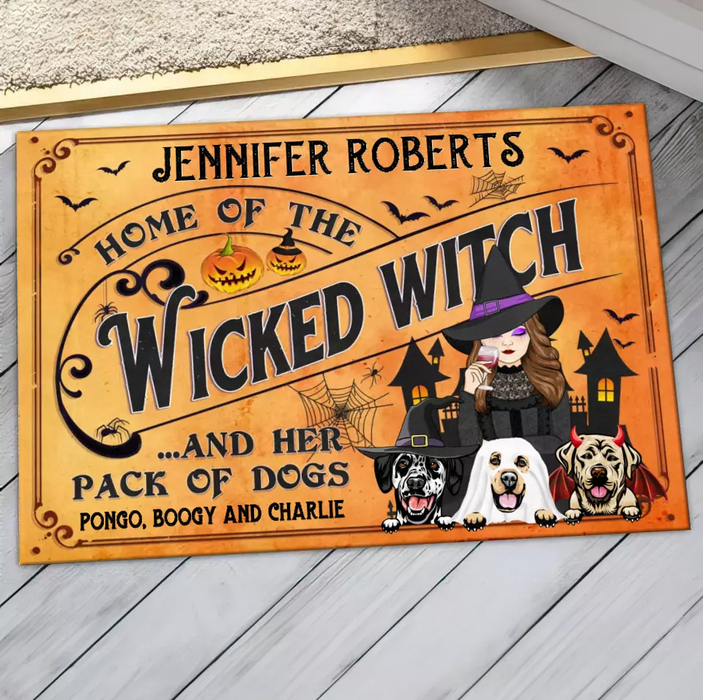 Personalized Wicked Witch Dog Doormat - Halloween Gift Idea For Witch/Dog Lovers With Up To 3 Dogs - Home Of The Wicked Witch And Her Pack Of Dogs