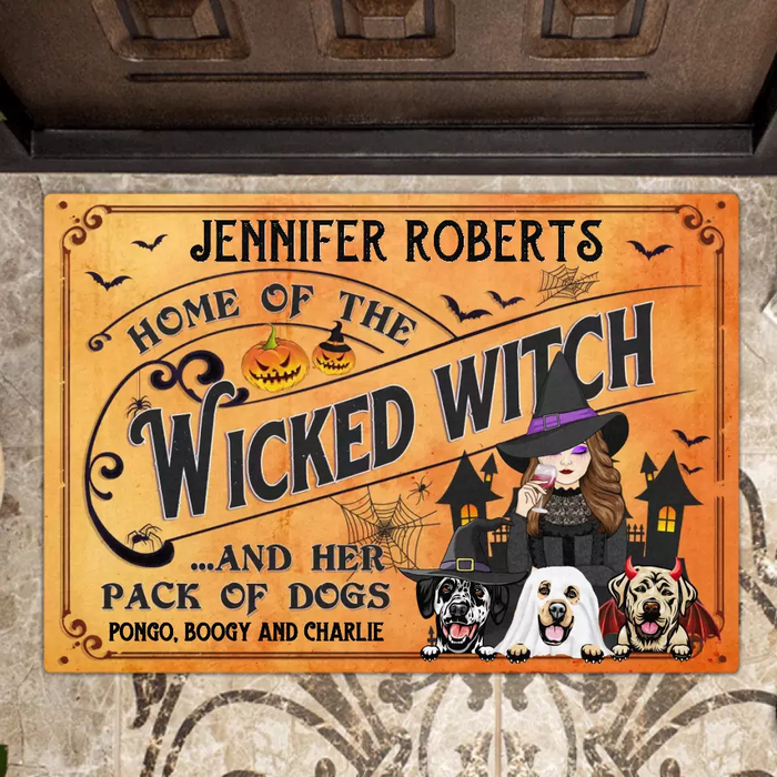 Personalized Wicked Witch Dog Doormat - Halloween Gift Idea For Witch/Dog Lovers With Up To 3 Dogs - Home Of The Wicked Witch And Her Pack Of Dogs