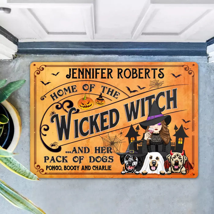 Personalized Wicked Witch Dog Doormat - Halloween Gift Idea For Witch/Dog Lovers With Up To 3 Dogs - Home Of The Wicked Witch And Her Pack Of Dogs