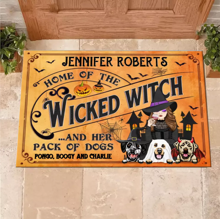 Personalized Wicked Witch Dog Doormat - Halloween Gift Idea For Witch/Dog Lovers With Up To 3 Dogs - Home Of The Wicked Witch And Her Pack Of Dogs