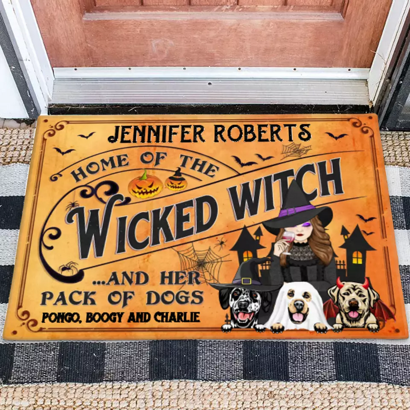 Personalized Wicked Witch Dog Doormat - Halloween Gift Idea For Witch/Dog Lovers With Up To 3 Dogs - Home Of The Wicked Witch And Her Pack Of Dogs