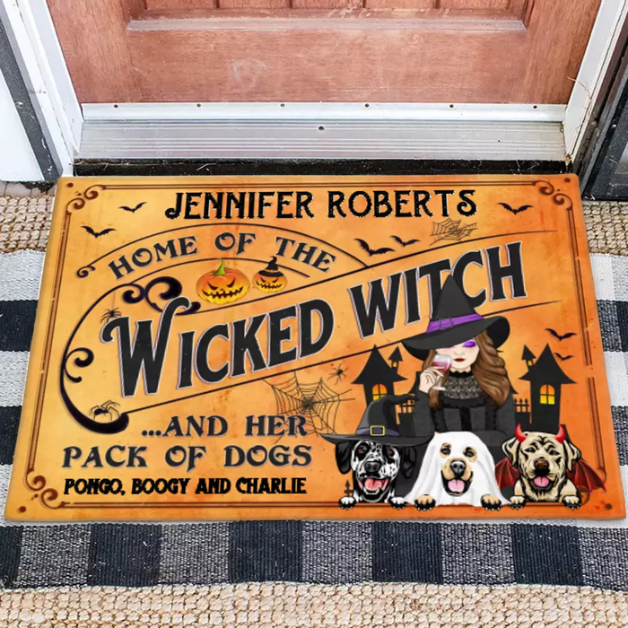 Personalized Wicked Witch Dog Doormat - Halloween Gift Idea For Witch/Dog Lovers With Up To 3 Dogs - Home Of The Wicked Witch And Her Pack Of Dogs