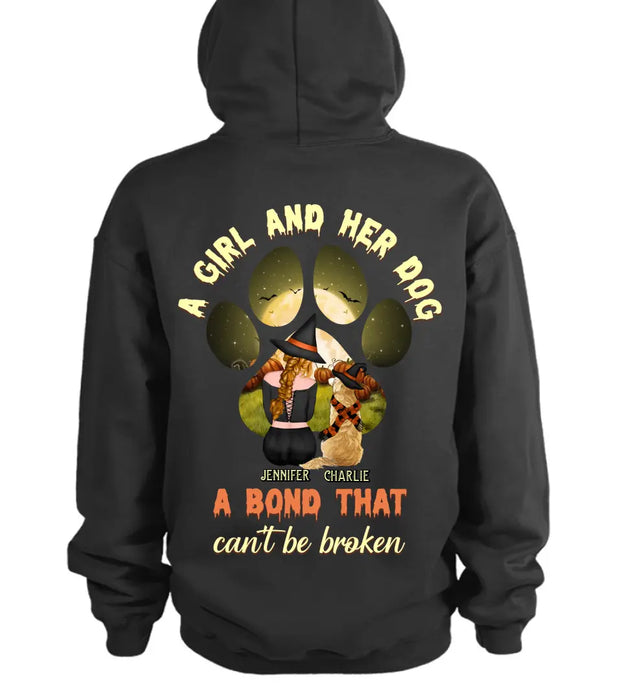 Personalized Witch Dog T-shirt/Hoodie - Woman With Up to 4 Dogs - Halloween Gift Idea For Dogs Lover - A Girl And Her Dog A Bond That Can't Be Broken