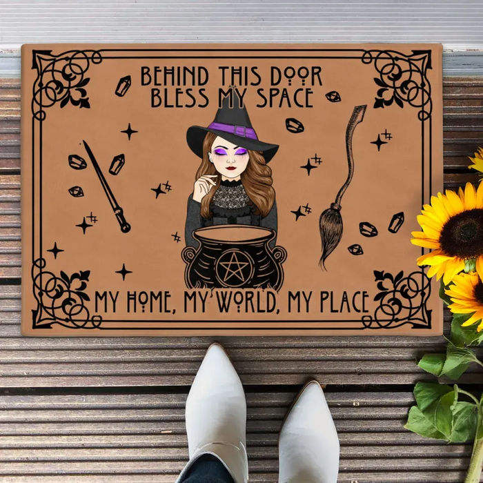 Personalized Witch Doormat - Halloween Gift Idea For Witch - Behind This Door Bless My Space My Home, My World, My Place