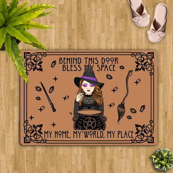 Personalized Witch Doormat - Halloween Gift Idea For Witch - Behind This Door Bless My Space My Home, My World, My Place