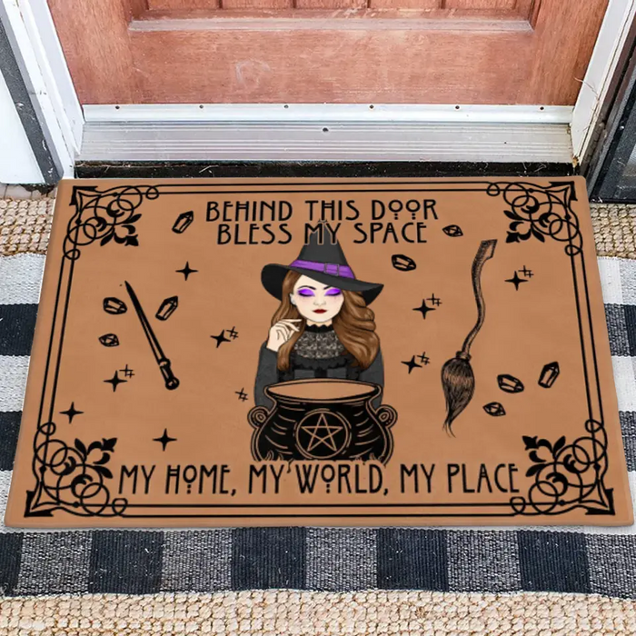 Personalized Witch Doormat - Halloween Gift Idea For Witch - Behind This Door Bless My Space My Home, My World, My Place