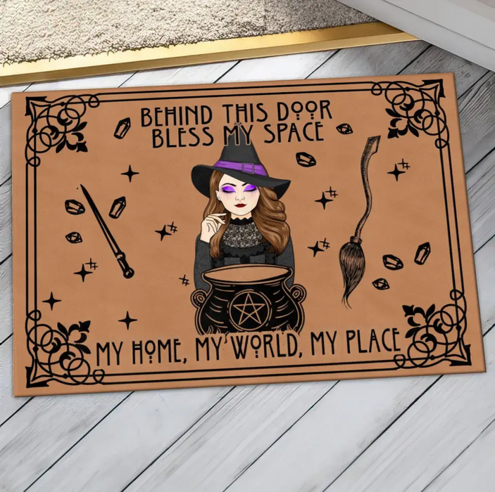 Personalized Witch Doormat - Halloween Gift Idea For Witch - Behind This Door Bless My Space My Home, My World, My Place