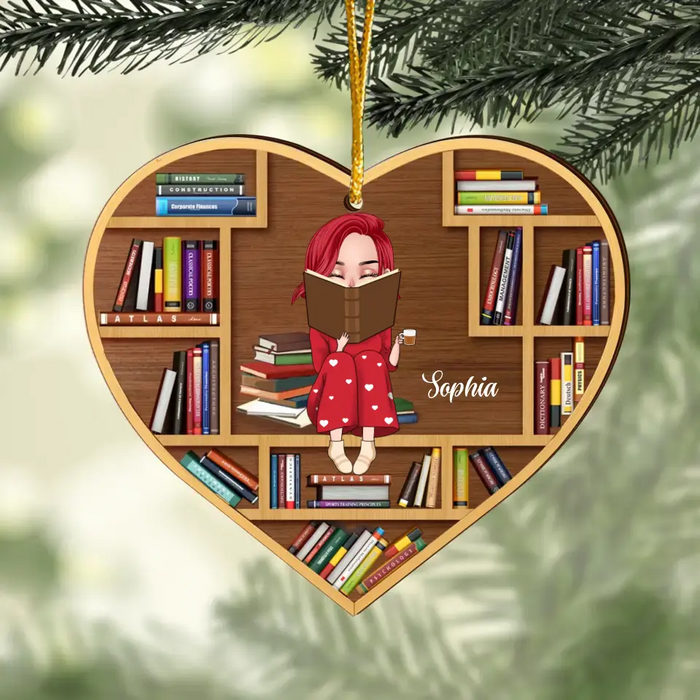 Personalized Reading Girl Heart Shaped Wooden Ornament - Christmas Gift Idea For Book Lover