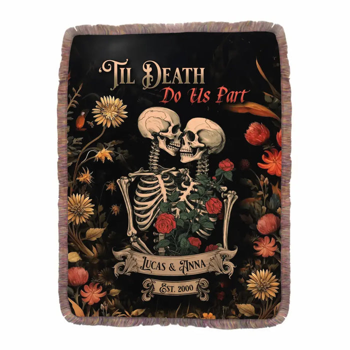 Personalized Skeleton Couple Ultra-Soft Mixed Green Fringe Blanket - Halloween/Anniversary Gift Idea For Couple - 'Til Death Do Us Part