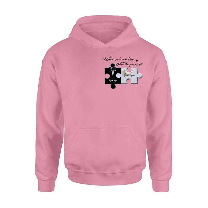 Personalized Couple Puzzle Shirt/Hoodie - Anniversary/Wedding Gift Idea For Couple - When You're In Love All The Pieces Fit