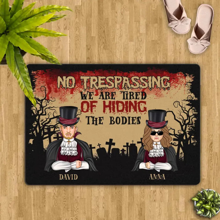 Personalized Halloween Couple Doormat - Halloween Gift Idea For Couple/Family With Up to 2 Kids - No Trespassing We Are Tired of Hiding the Bodies