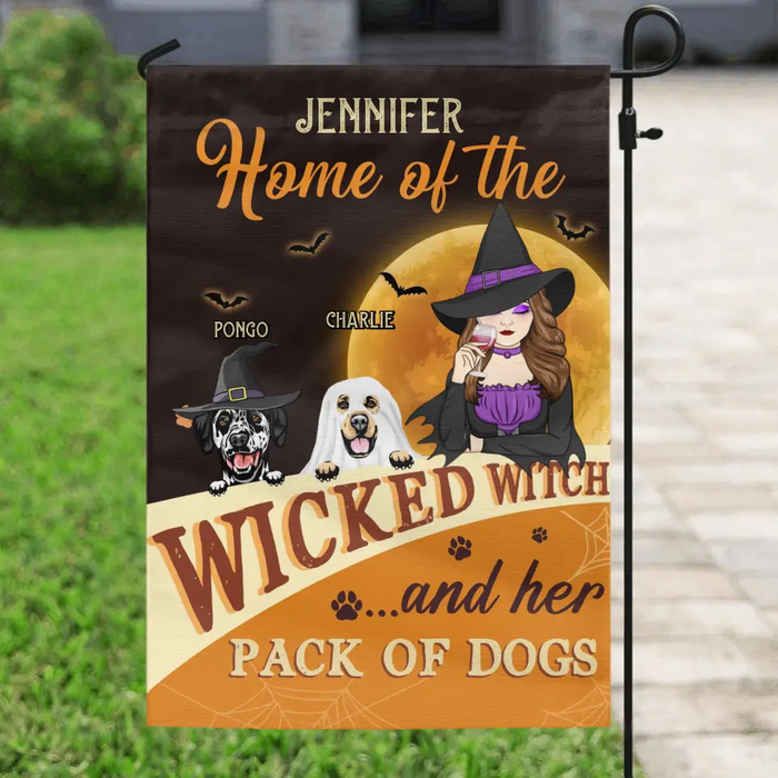 Personalized Halloween Witch Dog Flag Sign - Gift Idea For Family/Pet Lover - Up to 5 Dogs - Home Of The Wicked Witch And Her Pack Of Dogs
