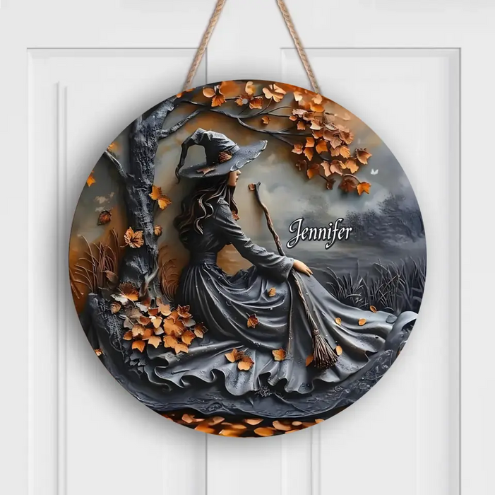 Personalized Witch Broom Circle Wooden Sign - Halloween/Birthday Gift Idea For Yourself, Women, Witch Lovers