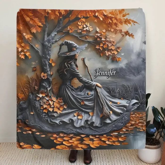 Personalized Witch Broom Quilt/Fleece Throw Blanket - Halloween/Birthday Gift Idea For Yourself, Women, Witch Lovers