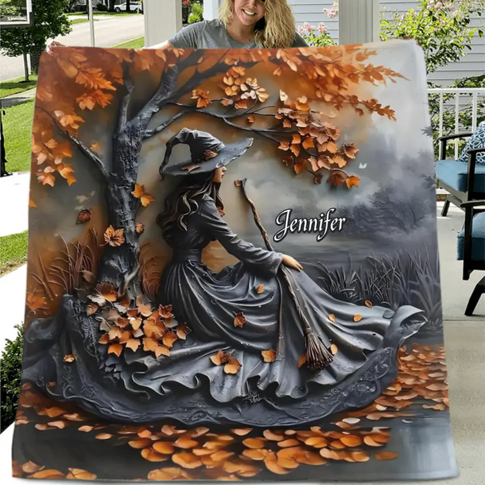Personalized Witch Broom Quilt/Fleece Throw Blanket - Halloween/Birthday Gift Idea For Yourself, Women, Witch Lovers