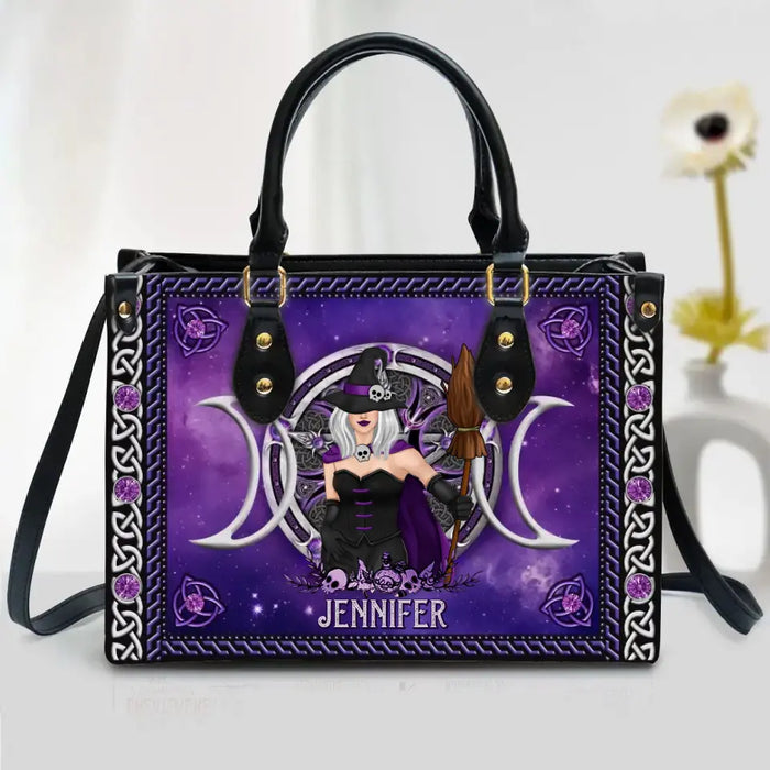Personalized Triple Moon Witch PU Leather Handbag with Long Straps - Halloween/Witch/Friend Gift Idea
