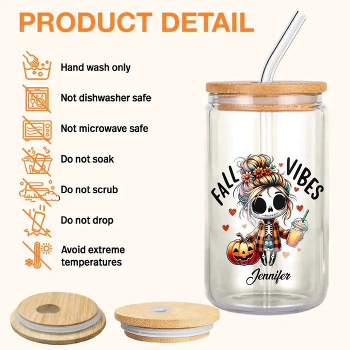 Personalized Fall Vibes Transparent Glass Tumbler With Straw - Gift Idea For Yourself, Women, Fall Lovers - Just A Girl Who Loves Fall & Coffee