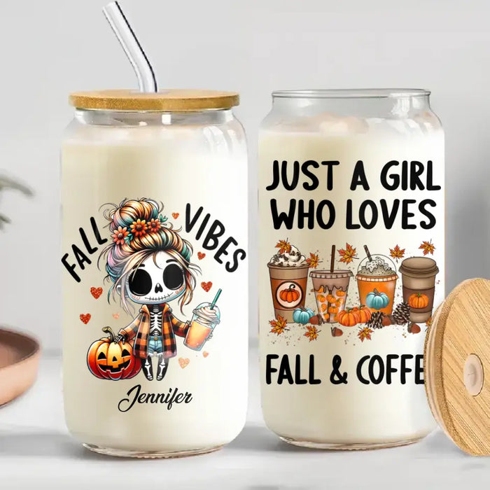 Personalized Fall Vibes Transparent Glass Tumbler With Straw - Gift Idea For Yourself, Women, Fall Lovers - Just A Girl Who Loves Fall & Coffee