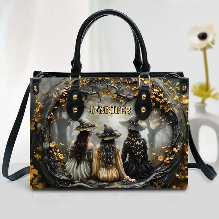 Personalized Witches In Enchanted Forest PU Leather Handbag with Long Straps - Halloween Gift Idea For Woman/Witch/Friend