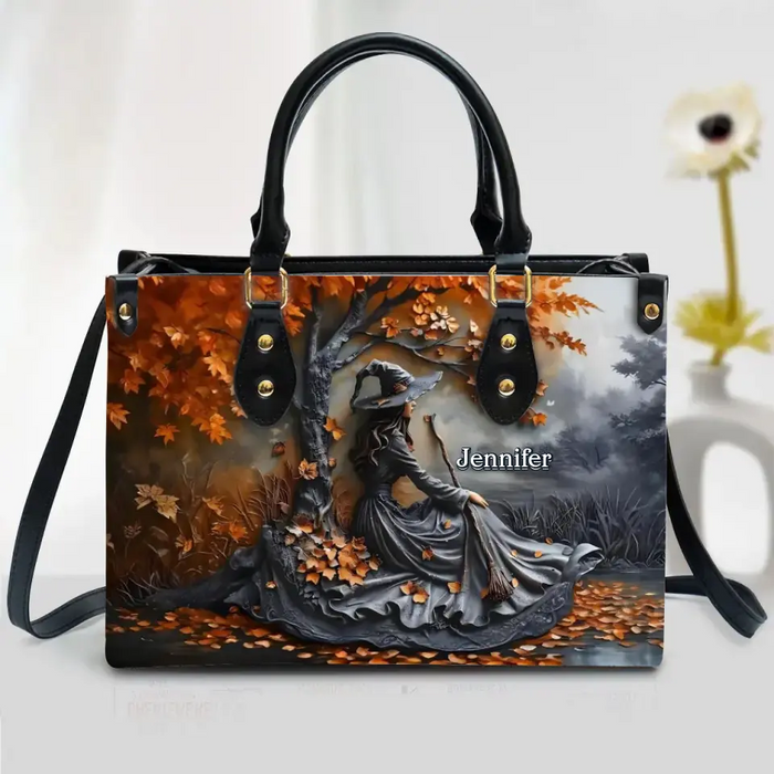 Personalized Witches Broom PU Leather Handbag with Long Straps - Halloween Gift Idea For Woman/Witch/Friend