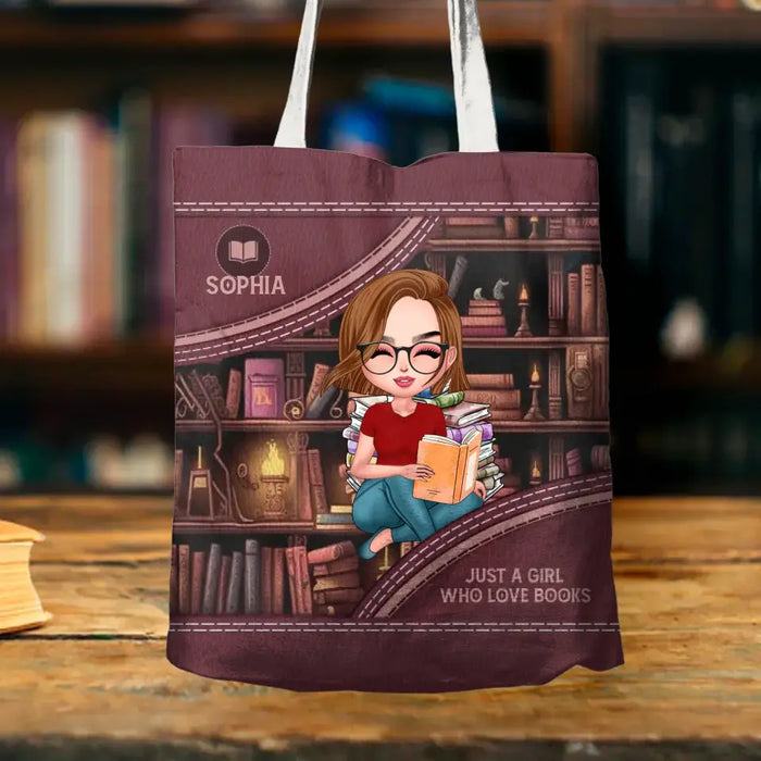 Personalized Girl Reading Book Canvas Bag - Gift Idea For Reading Lover - Just A Girl Who Loves Books