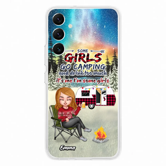 Personalized Xmas Camping Girl Phone Case - Christmas Gift For Camping Lover - Up to 3 Dogs - Some Girls Go Camping And Drink Too Much - iPhone And Samsung