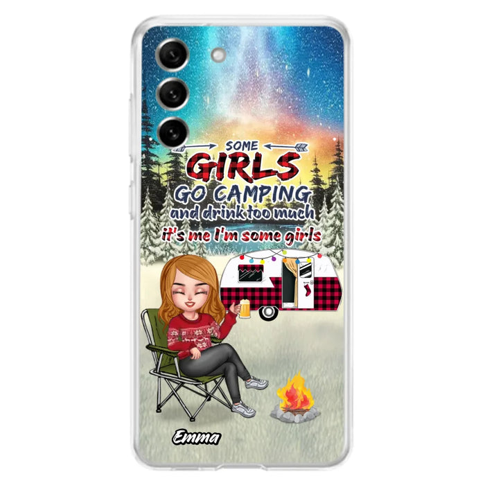 Personalized Xmas Camping Girl Phone Case - Christmas Gift For Camping Lover - Up to 3 Dogs - Some Girls Go Camping And Drink Too Much - iPhone And Samsung