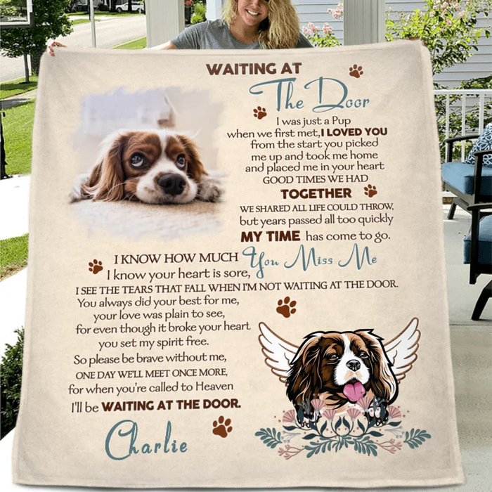Personalized Memorial Quilt/Fleece Throw Blanket - Memorial Gift Idea For Dog Lover - Waiting At The Door