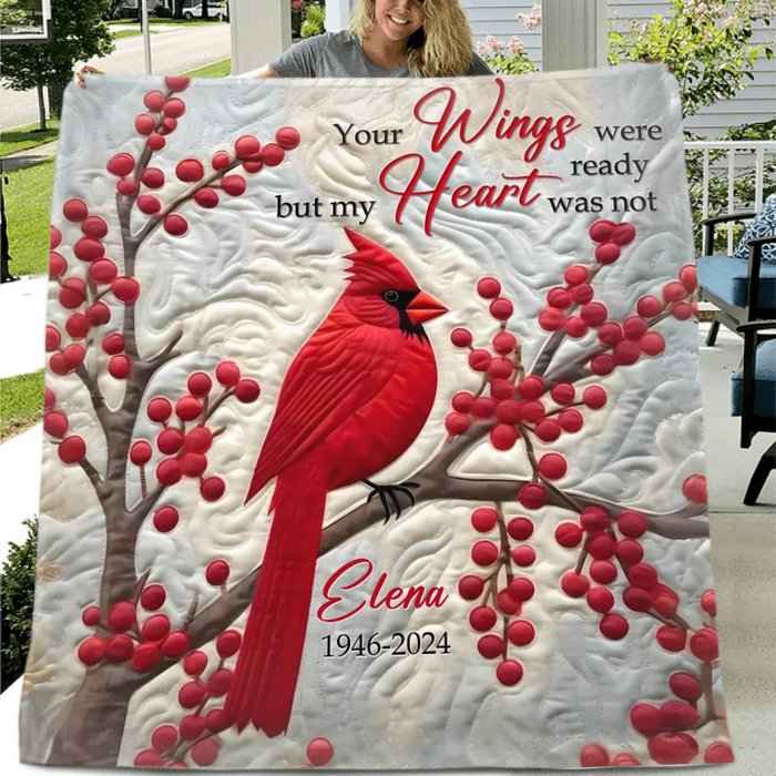 Personalized Memorial Christmas Quilt/Fleece Throw Blanket/Pillow Cover - Memorial Gift Idea - Your Wings Were Ready But My Heart Was Not