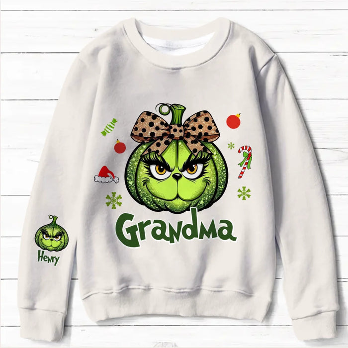 Personalized Grandma Grinc Pumpkin AOP Sweater - Up to 10 Kids - Gift Idea For Grandma/Mother