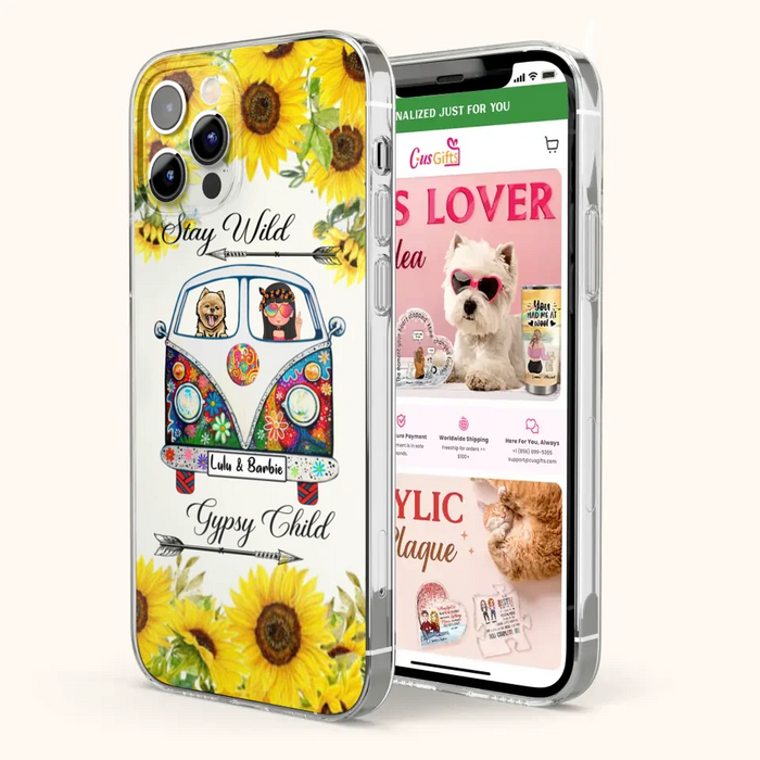 Personalized Hippie Girl Phone Case - Girl with up to 3 Pets - Phone case for iPhone, Samsung and Xiaomi