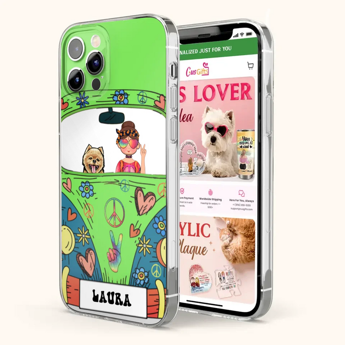 Personalized Hippie Girl Phone Case - Girl with up to 3 Pets - Case for iPhone, Samsung and Xiaomi