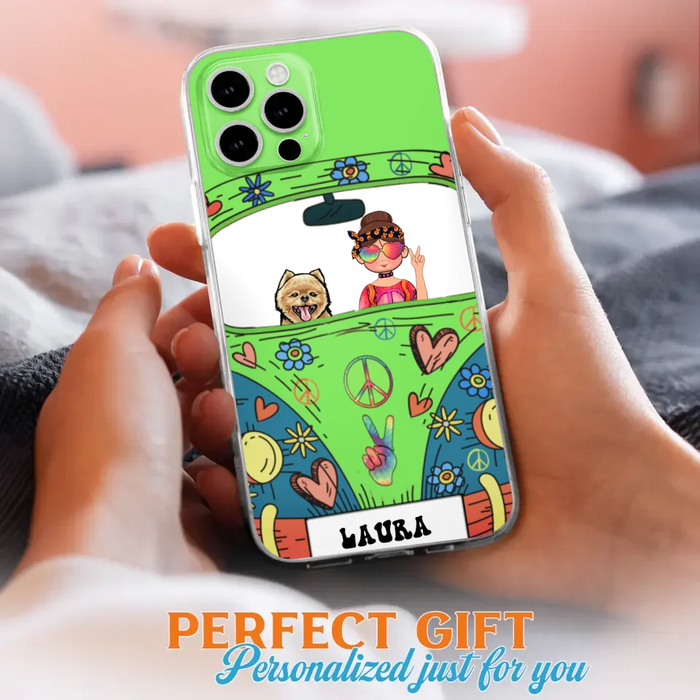 Personalized Hippie Girl Phone Case - Girl with up to 3 Pets - Case for iPhone, Samsung and Xiaomi