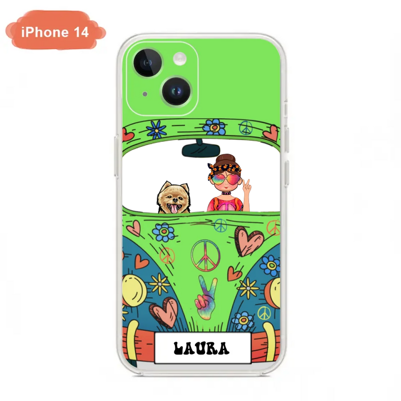 Personalized Hippie Girl Phone Case - Girl with up to 3 Pets - Case for iPhone, Samsung and Xiaomi