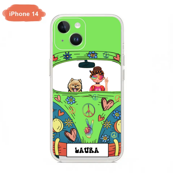 Personalized Hippie Girl Phone Case - Girl with up to 3 Pets - Case for iPhone, Samsung and Xiaomi