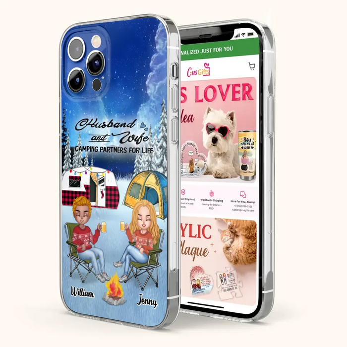 Personalized Camping Couple Xmas Phone Case - Christmas Gift For Couple/Camping Lover/ Dog Lover - Couple With Up to 4 Dogs - Husband And Wife Camping Partners For Life - Case For iPhone And Samsung