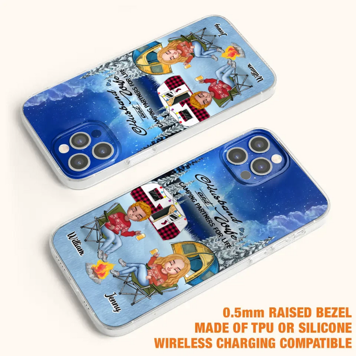 Personalized Camping Couple Xmas Phone Case - Christmas Gift For Couple/Camping Lover/ Dog Lover - Couple With Up to 4 Dogs - Husband And Wife Camping Partners For Life - Case For iPhone And Samsung