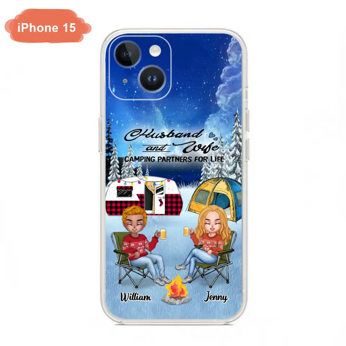 Personalized Camping Couple Xmas Phone Case - Christmas Gift For Couple/Camping Lover/ Dog Lover - Couple With Up to 4 Dogs - Husband And Wife Camping Partners For Life - Case For iPhone And Samsung