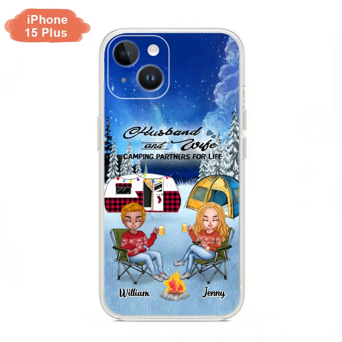 Personalized Camping Couple Xmas Phone Case - Christmas Gift For Couple/Camping Lover/ Dog Lover - Couple With Up to 4 Dogs - Husband And Wife Camping Partners For Life - Case For iPhone And Samsung